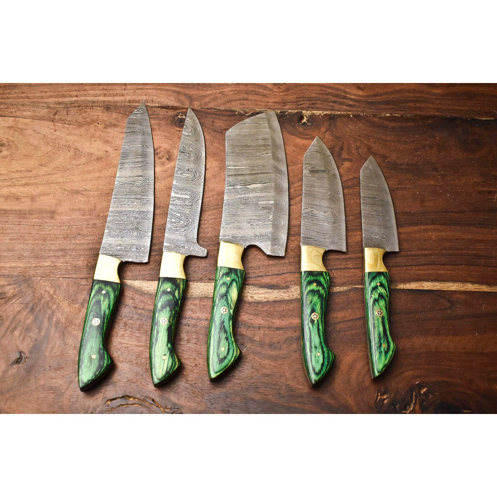 Custom Lot Of 5 Damascus Chef Knives Handmade Hammered Steel Kitchen Set 1
