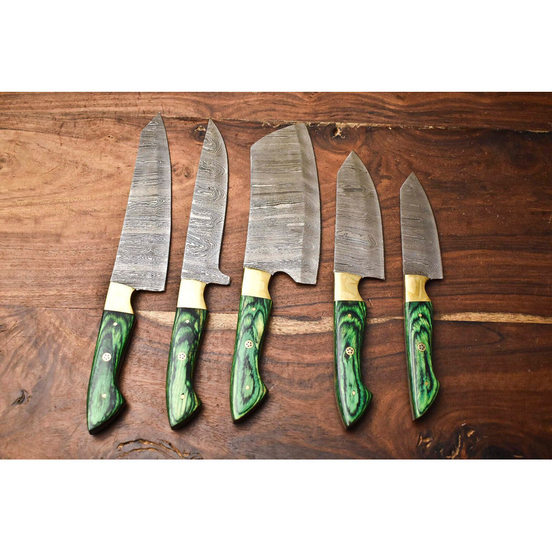 Custom Lot Of 5 Damascus Chef Knives Handmade Hammered Steel Kitchen Set 1