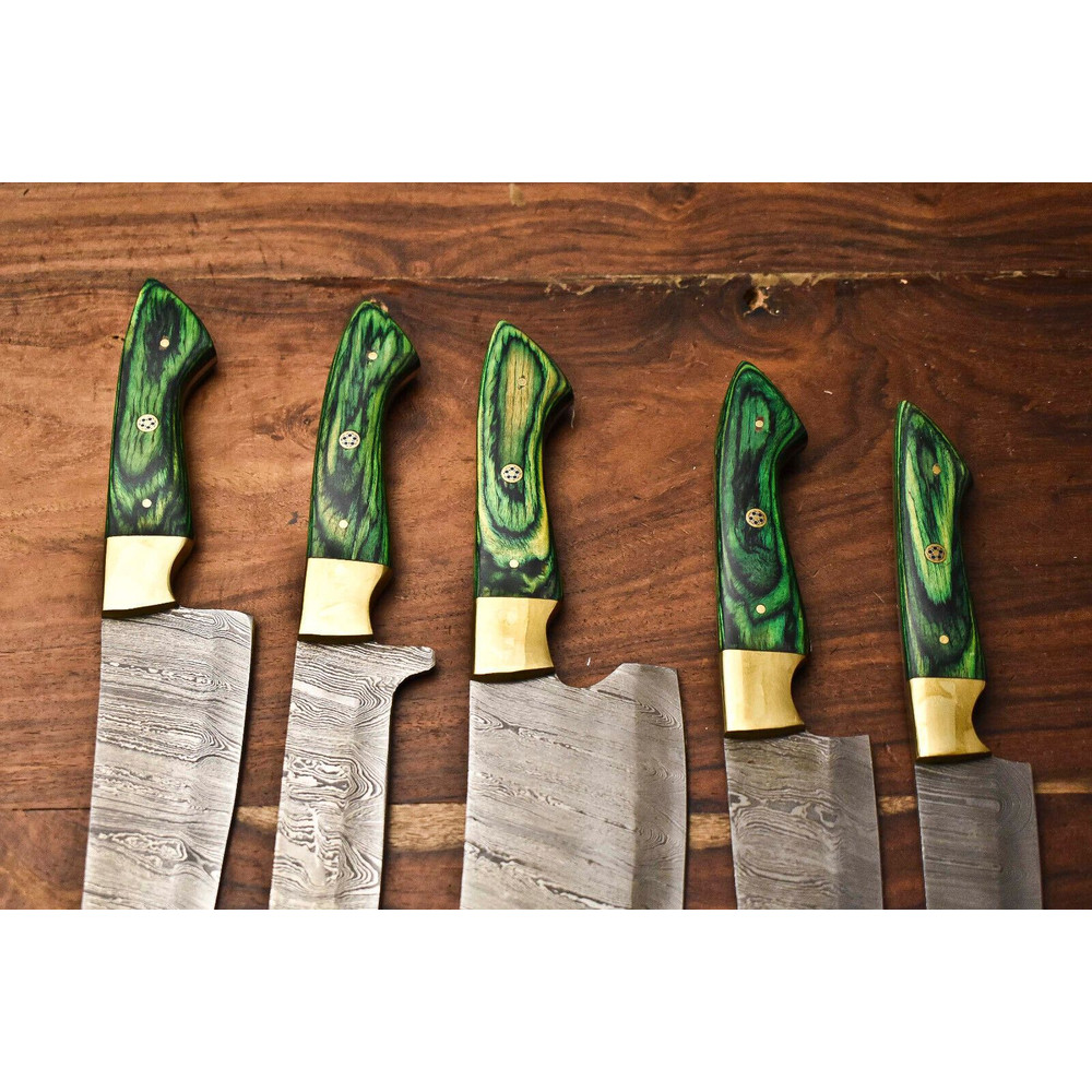 Custom Lot Of 5 Damascus Chef Knives Handmade Hammered Steel Kitchen Set 2