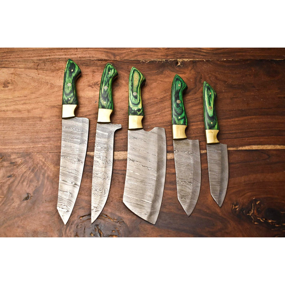 Custom Lot Of 5 Damascus Chef Knives Handmade Hammered Steel Kitchen Set 0