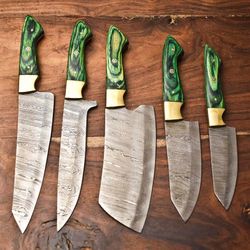 custom lot of 5 damascus chef knives | handmade hammered steel kitchen set