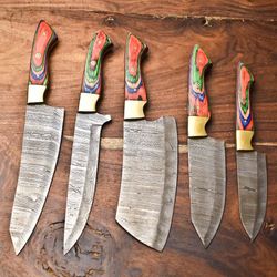 custom damascus chef knife set of 5 | handmade hammered steel kitchen knives