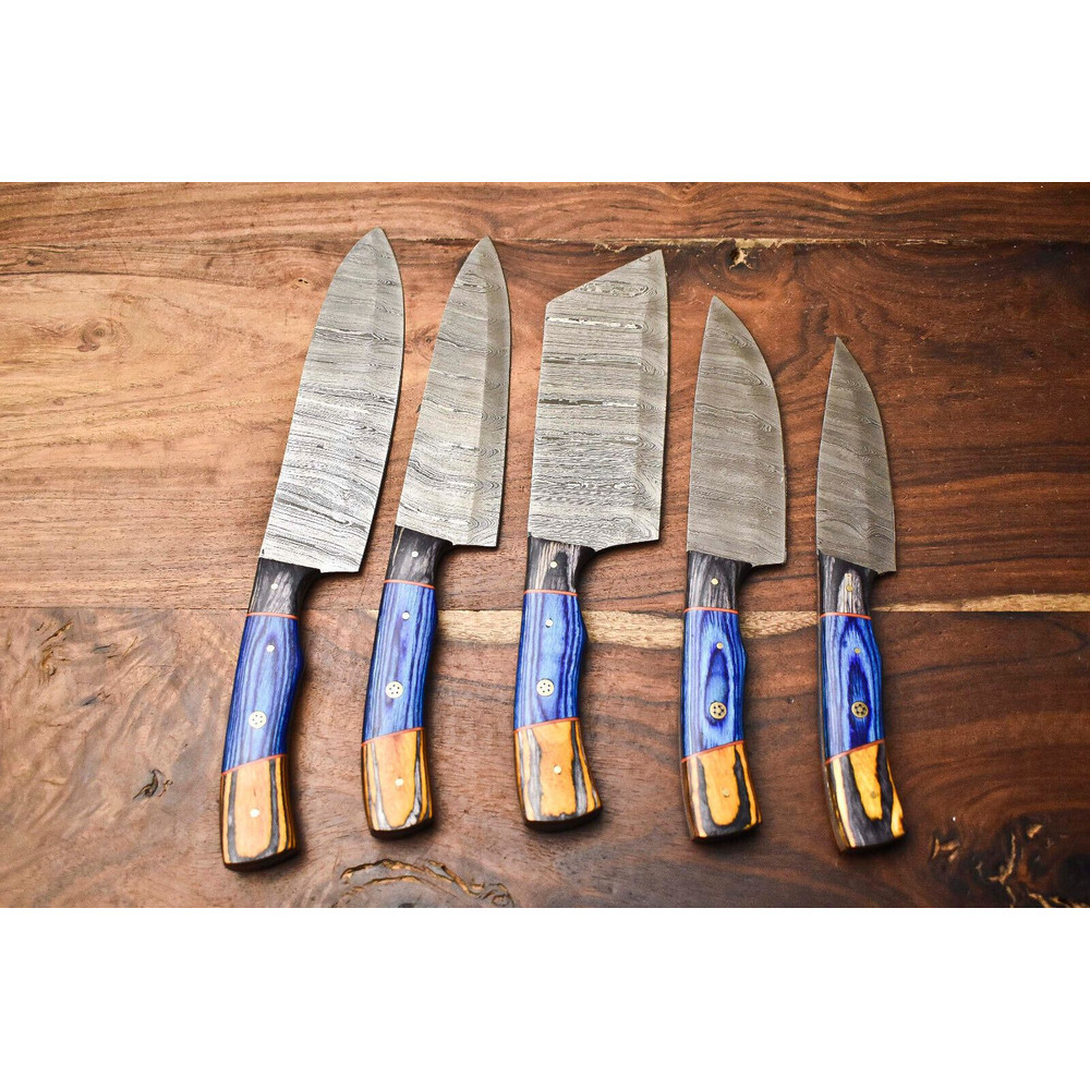 5Piece Handmade Damascus Steel Chef Knife Set Custom Hammered Kitchen Cutlery 1
