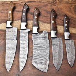 5 handmade damascus steel chef knives | custom hammered blade set