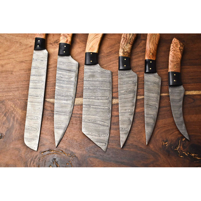 Custom Lot Of 6 Handmade Hammered Damascus Steel Chef Knives Set Professional Kitchen Cutlery 3
