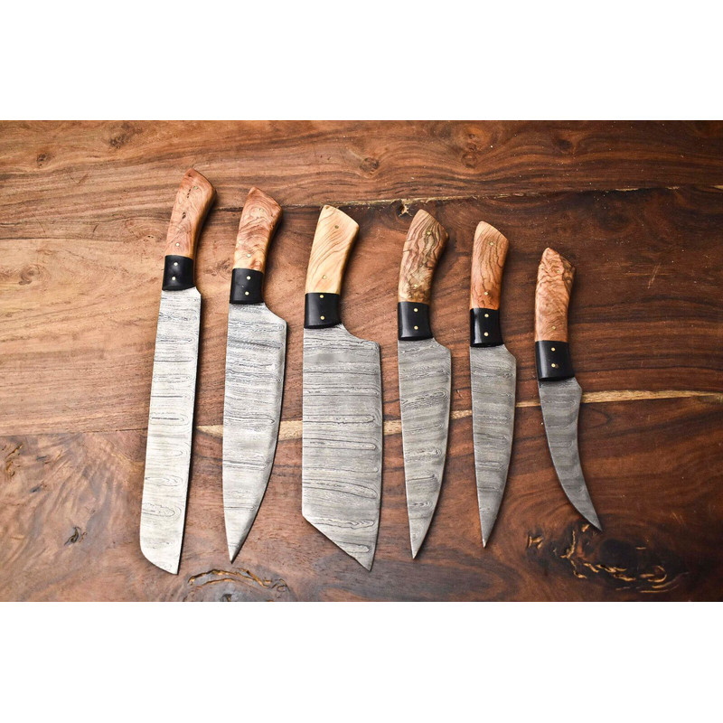 Custom Lot Of 6 Handmade Hammered Damascus Steel Chef Knives Set Professional Kitchen Cutlery 0