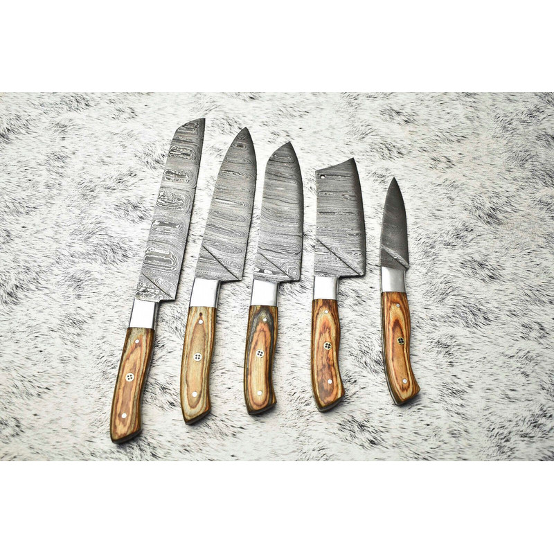 Luxury Damascus Steel Chef Knives Set Of 5 Hand Forged Hammered Cutlery 1