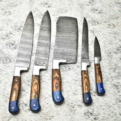 damascus steel kitchen knife set of 5 | handmade hammered blades
