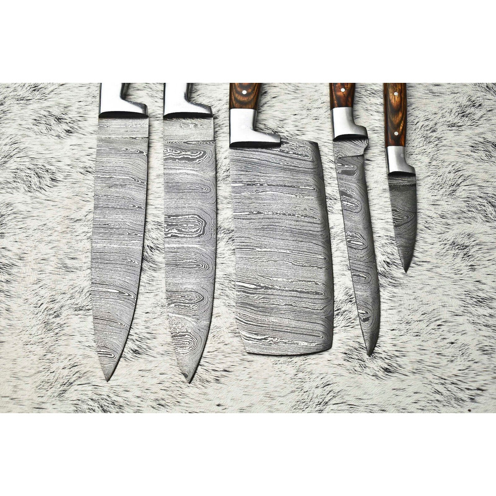 Damascus Steel Kitchen Knife Set Of 5 Handmade Hammered Blades 2