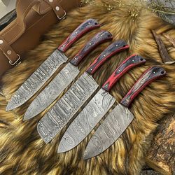 heritage series 5 damascus steel chef knives | handmade full tang set