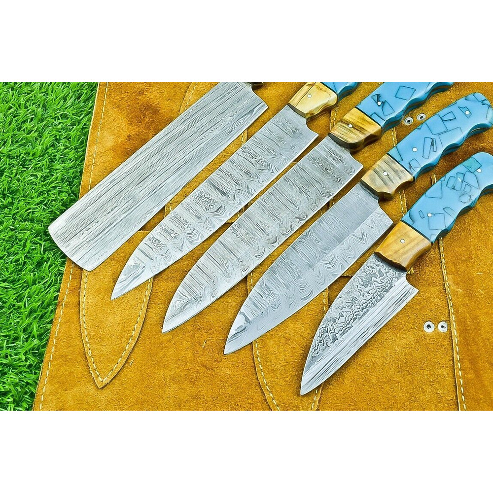 Handmade Damascus Steel Chef Knives Set 5 Premium Forged Hammered Blades 2