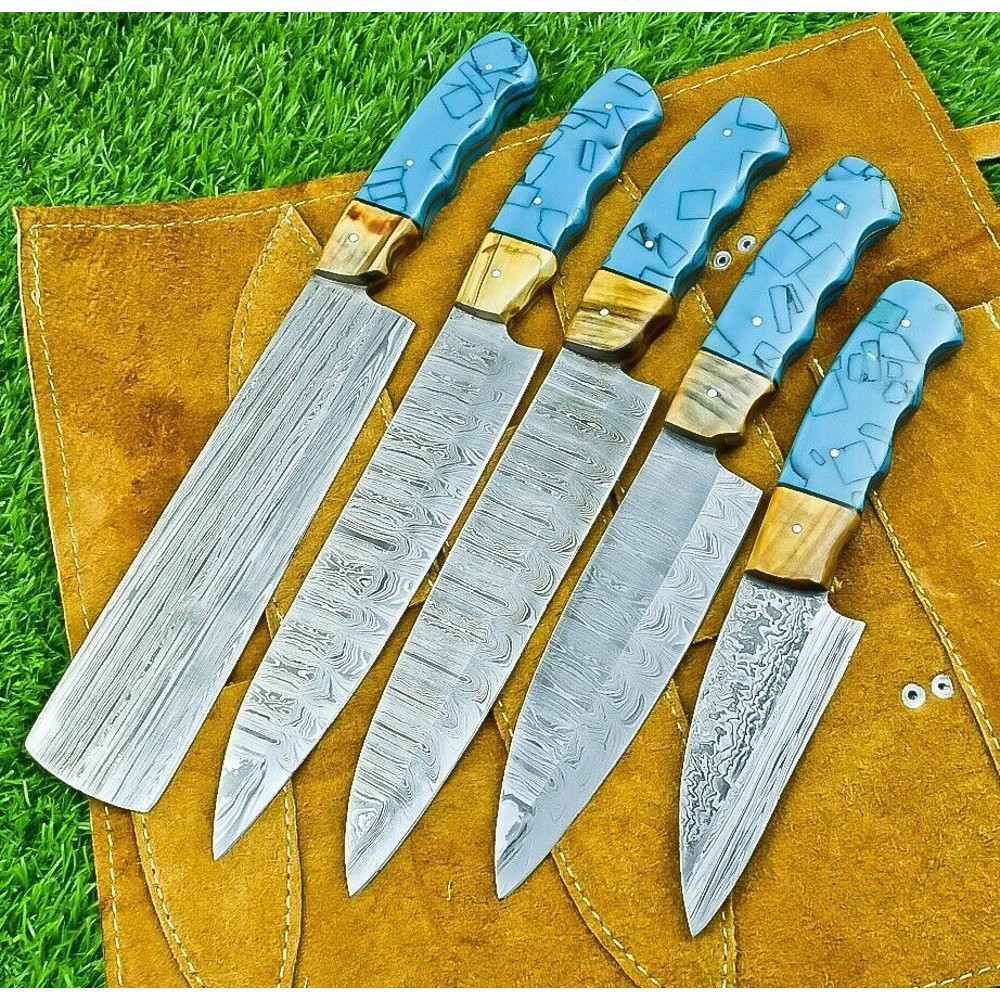 Handmade Damascus Steel Chef Knives Set 5 Premium Forged Hammered Blades 3