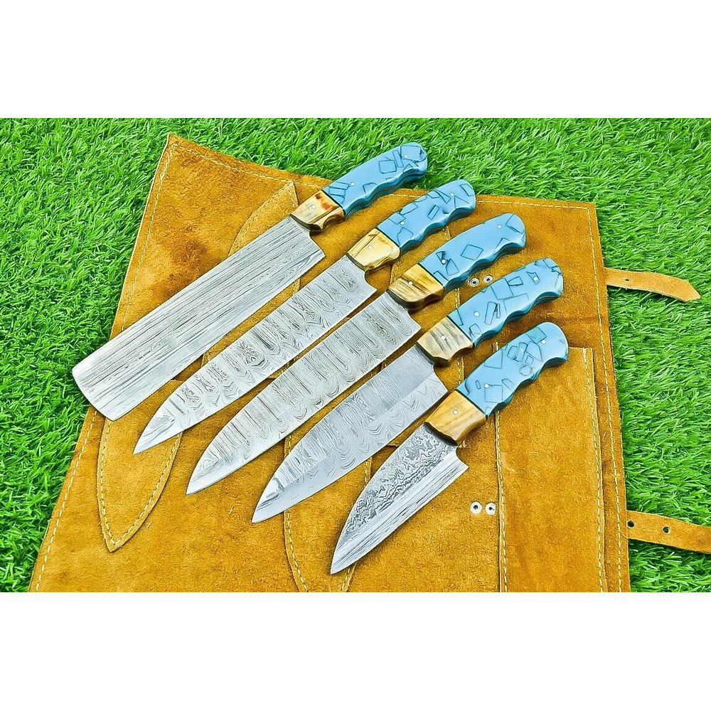 Handmade Damascus Steel Chef Knives Set 5 Premium Forged Hammered Blades 0