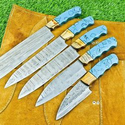 handmade damascus steel chef knives set | 5 premium forged hammered blades