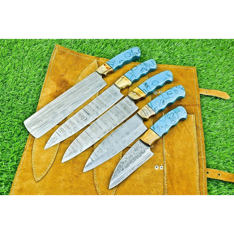Handmade Damascus Steel Chef Knives Set 5 Premium Forged Hammered Blades 0