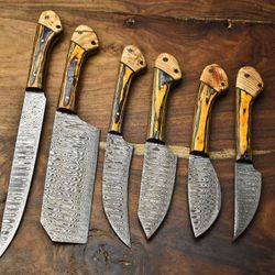 unique hand forged damascus chef knives | 6-piece kitchen knife collection