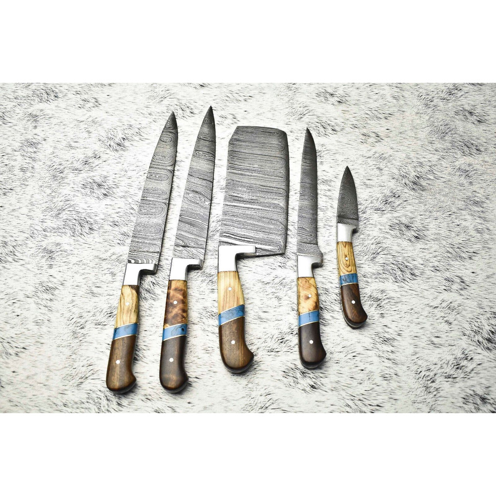 Damascus Steel Chef Knife Collection 5Piece Handmade Cutlery 0