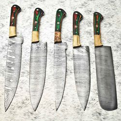 handmade damascus knives | 5-piece hammered steel set