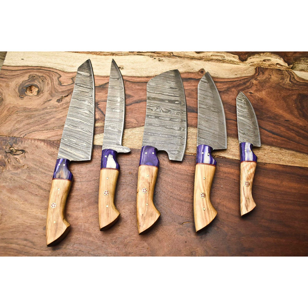 Lot Of 5 Handmade Damascus Steel Chef Knives Premium Kitchen Collection 1