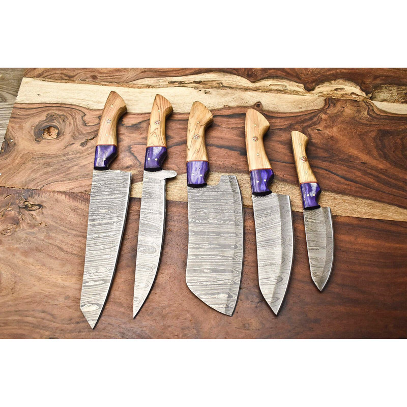 Lot Of 5 Handmade Damascus Steel Chef Knives Premium Kitchen Collection 0