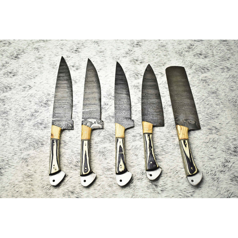 Custom Forged Damascus Chef Knives 5Piece Handmade Full Tang Set 1