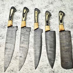 custom forged damascus chef knives | 5-piece handmade full tang set