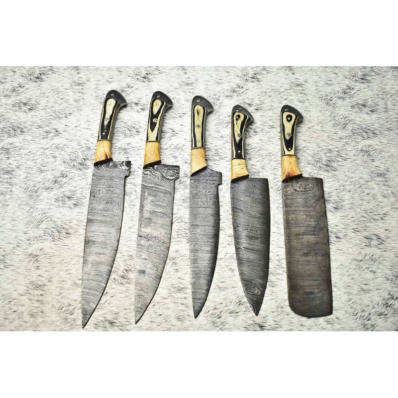 Custom Forged Damascus Chef Knives 5Piece Handmade Full Tang Set 0
