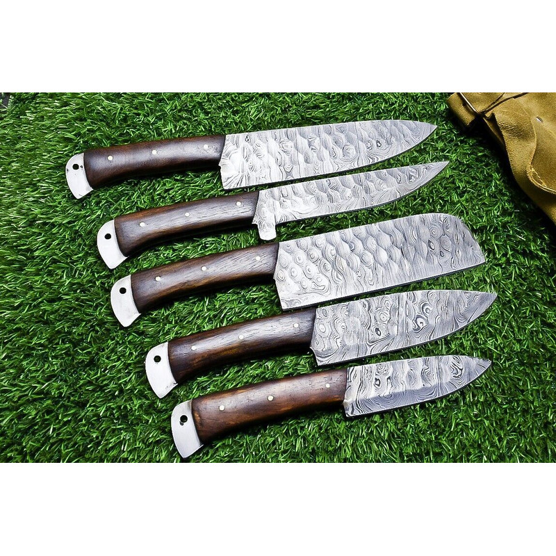 5Piece Handmade Damascus Steel Chef Knife Set Custom Forged Kitchen Knives With Wood Handle Sheat 1