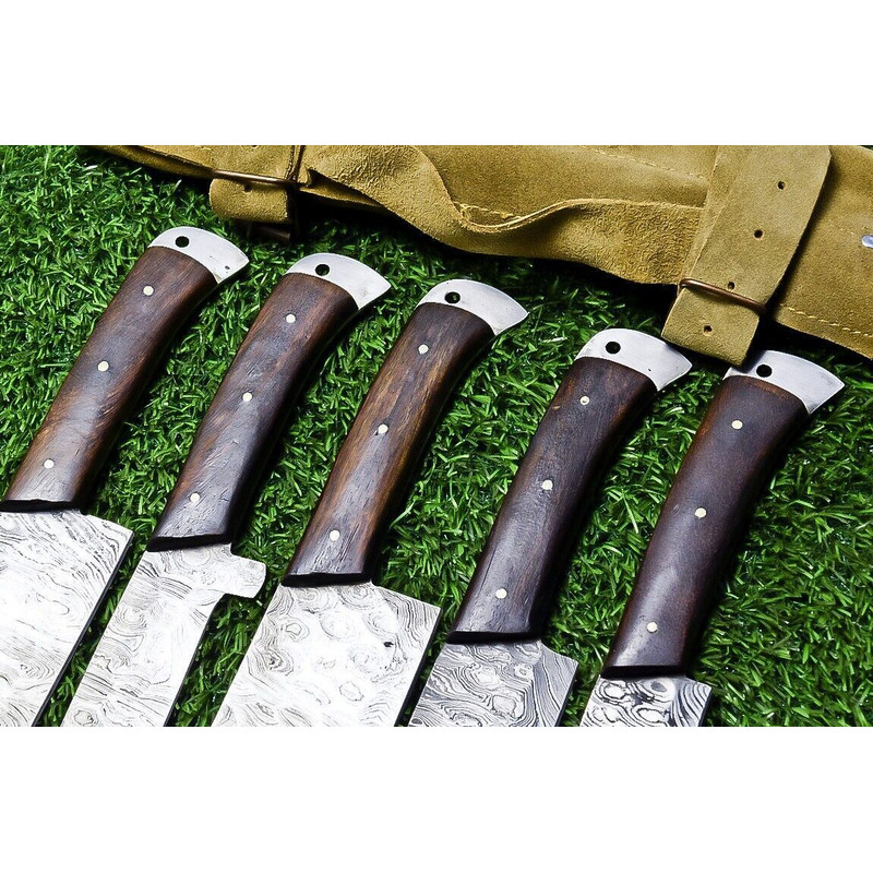 5Piece Handmade Damascus Steel Chef Knife Set Custom Forged Kitchen Knives With Wood Handle Sheat 2