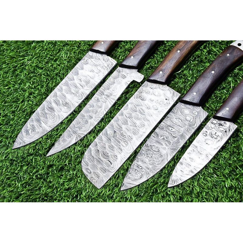 5Piece Handmade Damascus Steel Chef Knife Set Custom Forged Kitchen Knives With Wood Handle Sheat 3