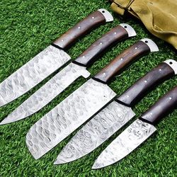 5-piece handmade damascus steel chef knife set | custom forged kitchen knives with wood handle & sheath