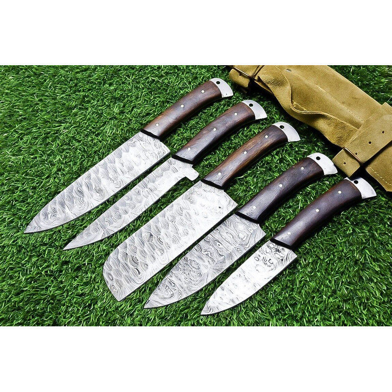 5Piece Handmade Damascus Steel Chef Knife Set Custom Forged Kitchen Knives With Wood Handle Sheat 0
