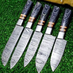 hand forged 5-piece damascus steel chef knife set | wood handle with sheath