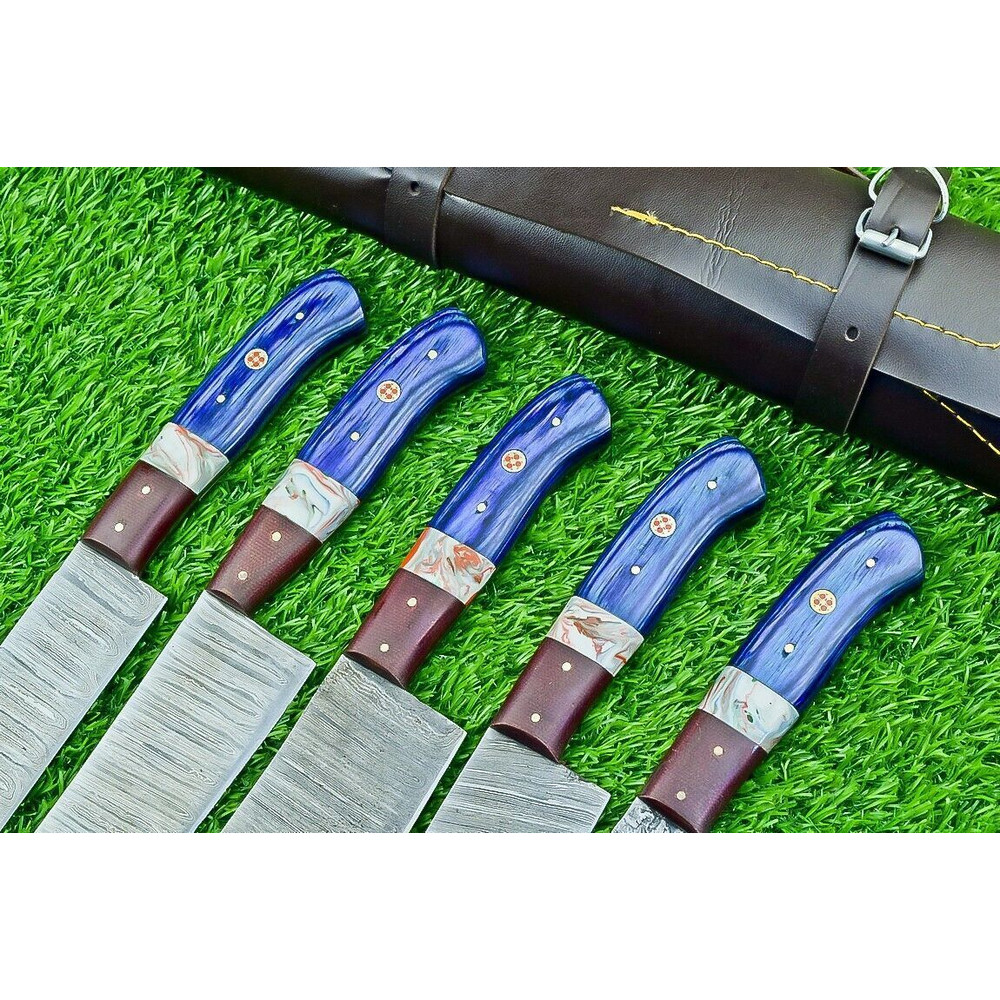 Custom Damascus Steel Kitchen Knives Handmade 5Piece Chef Set With Sheath 1