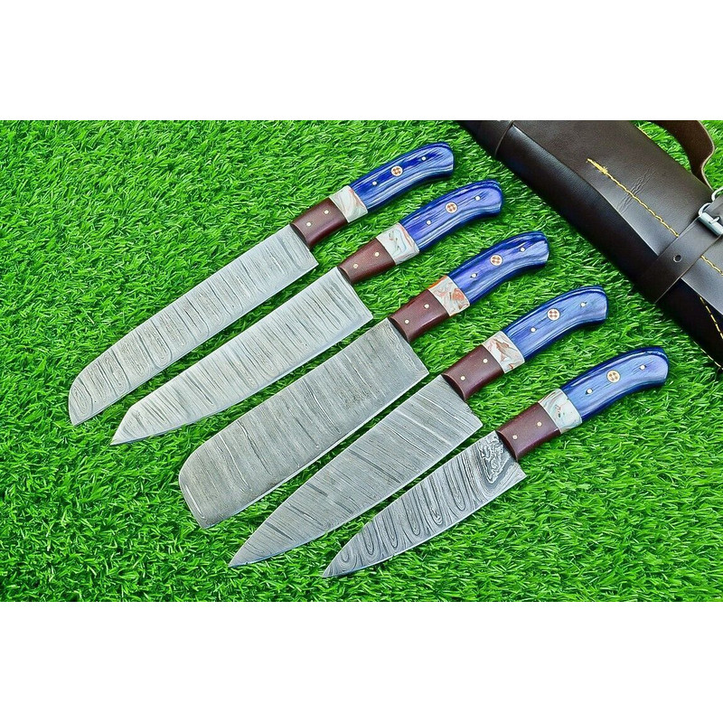 Custom Damascus Steel Kitchen Knives Handmade 5Piece Chef Set With Sheath 3