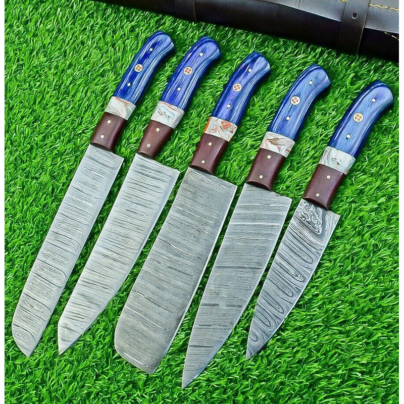 Custom Damascus Steel Kitchen Knives Handmade 5Piece Chef Set With Sheath 0