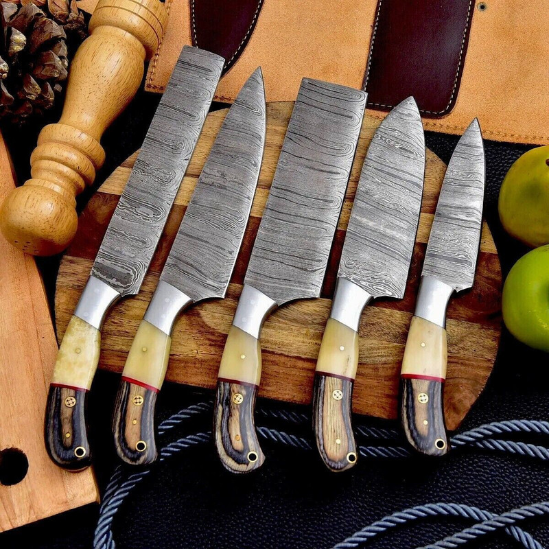 Luxury Damascus Steel Chef Knife Collection 5 Handmade Blades With Sheath 1