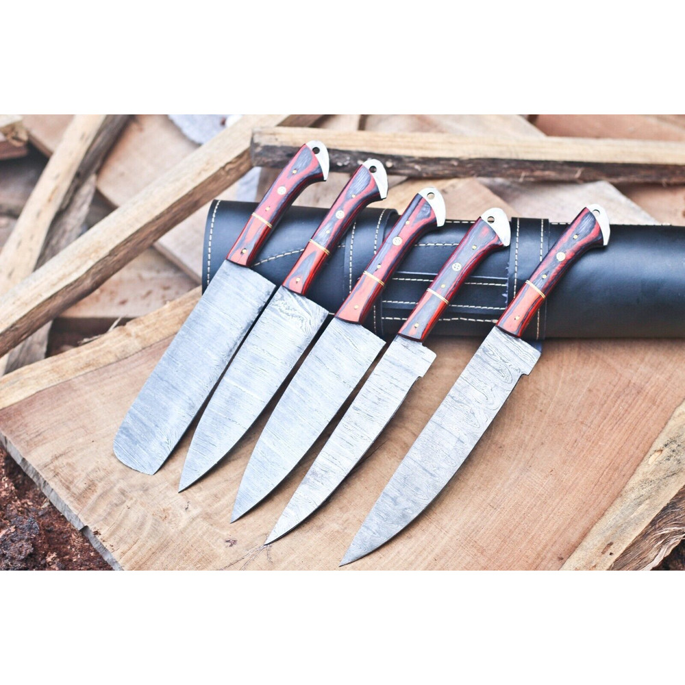 Heritage Series Handmade Damascus Steel Knives 5Piece Chef Set With Sheath 0