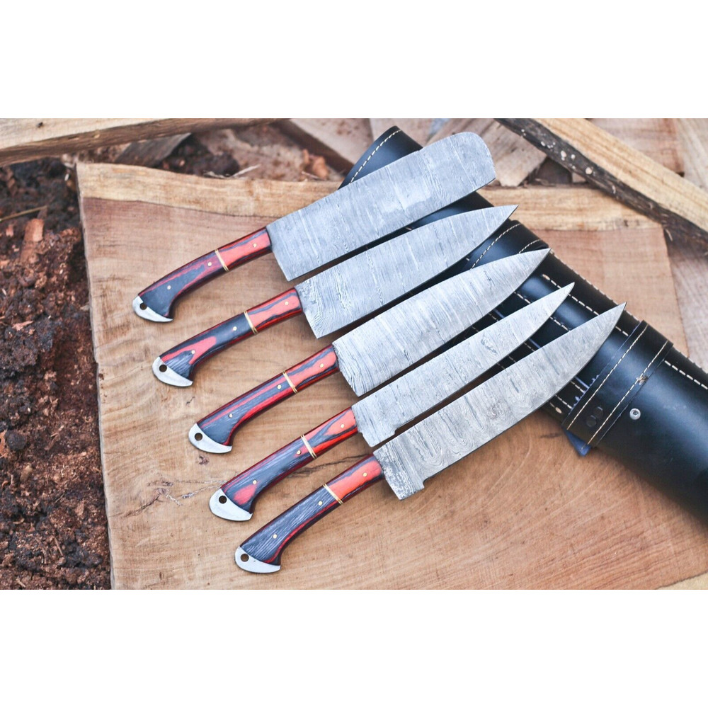 Heritage Series Handmade Damascus Steel Knives 5Piece Chef Set With Sheath 3