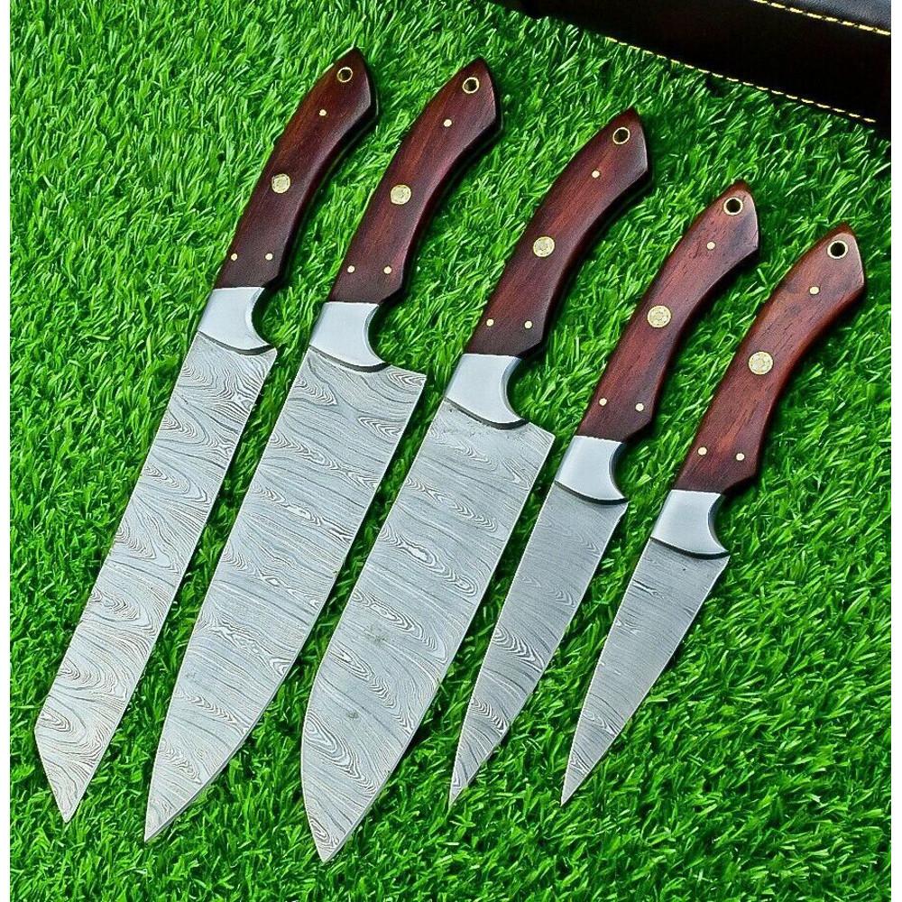 Custom Forged Damascus Steel Chef Knives 5Piece Handmade Kitchen Knife Set 0