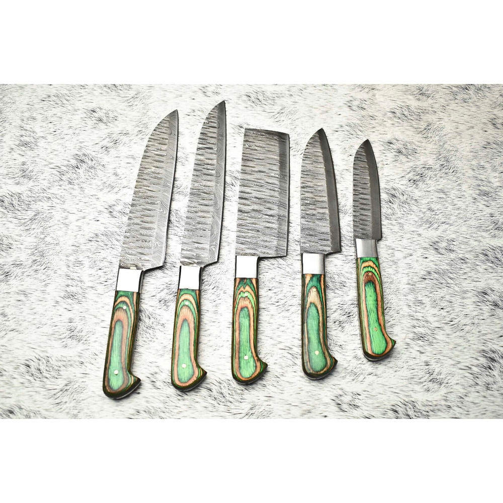 Elite Damascus Steel Chef Knife Set 5Piece Handcrafted Blades With Sheath 3