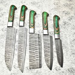 elite damascus steel chef knife set | 5-piece handcrafted blades with sheath