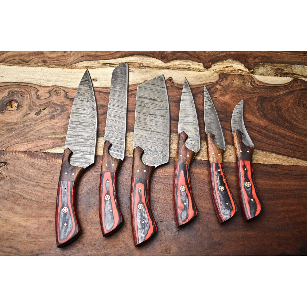 Heritage Damascus Knife Set 6 Handmade Full Tang Chef Blades With Hardwood Handles 1