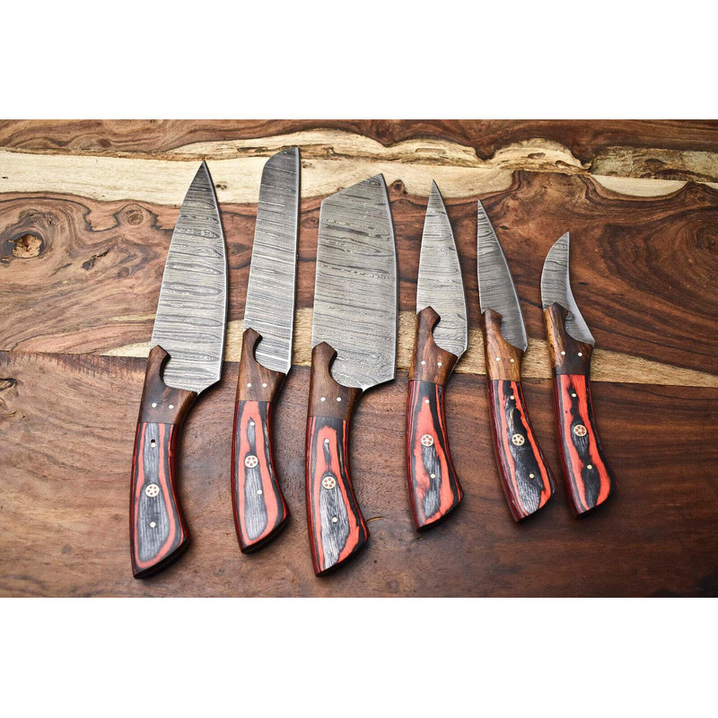 Heritage Damascus Knife Set 6 Handmade Full Tang Chef Blades With Hardwood Handles 1