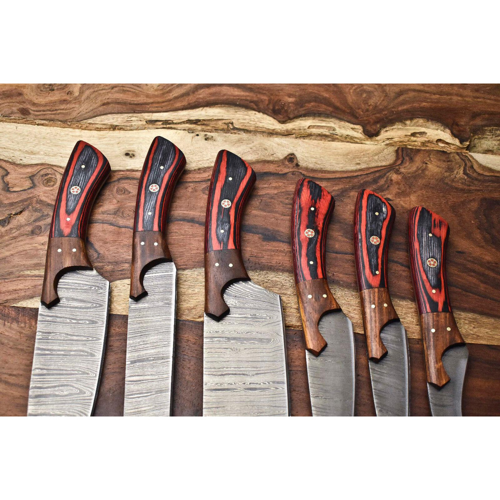 Heritage Damascus Knife Set 6 Handmade Full Tang Chef Blades With Hardwood Handles 2