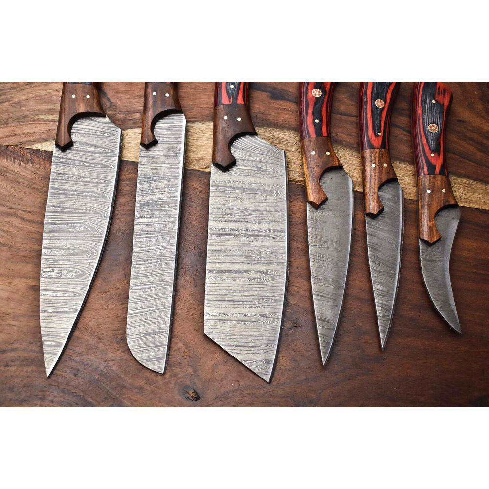 Heritage Damascus Knife Set 6 Handmade Full Tang Chef Blades With Hardwood Handles 3
