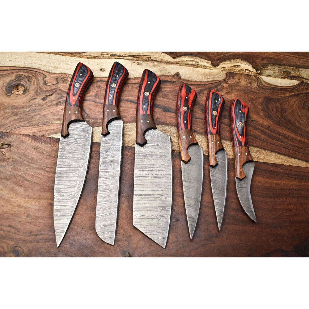 Heritage Damascus Knife Set 6 Handmade Full Tang Chef Blades With Hardwood Handles 0