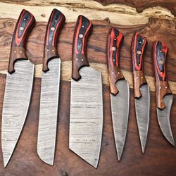 heritage damascus knife set | 6 handmade full tang chef blades with hardwood handles