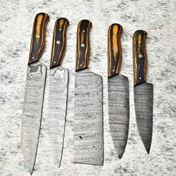 lot of 5 handmade damascus hammered full tang chef knife set | hardwood handle kitchen knives