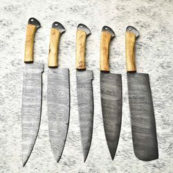 traditional damascus kitchen knife set | 5 full tang handmade chef knives